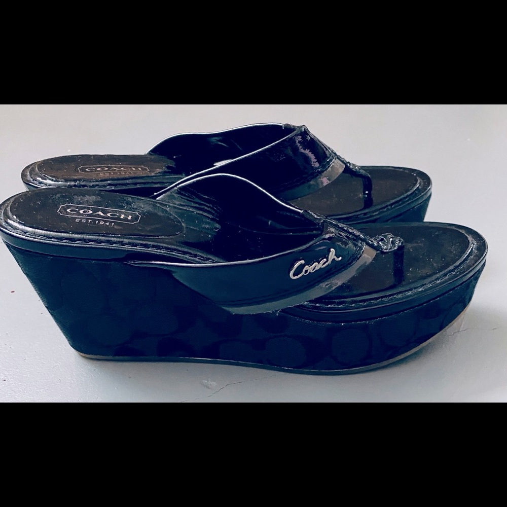 Coach Black Platform Wedge Thong Sandals